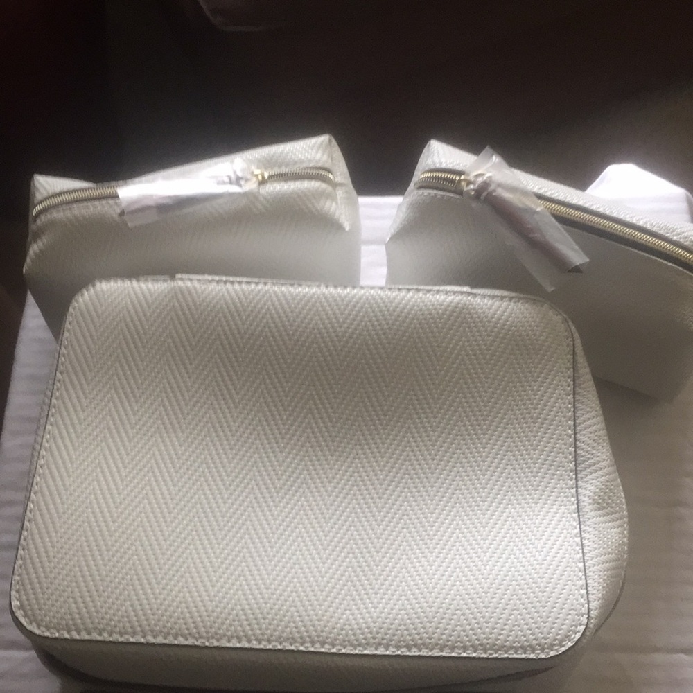 Estee’ Lauder mini white travel bag.
